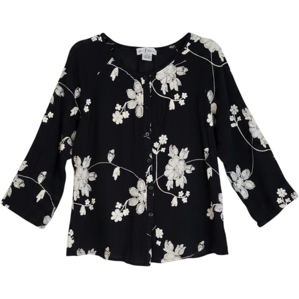 Once 1 Again Womens XL Black Cotton Gauze Floral Embroidered Button Front Blouse